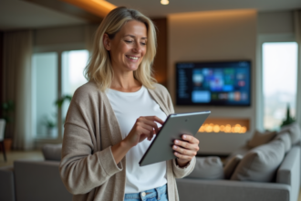 Femme d'âge moyen utilisant une tablette pour contrôler la maison connectée