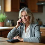 Femme utilisant un téléphone fixe pour appeler le 118 712 annuaire particulier depuis sa cuisine