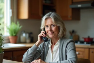 Femme utilisant un téléphone fixe pour appeler le 118 712 annuaire particulier depuis sa cuisine