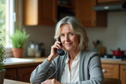 Femme utilisant un téléphone fixe pour appeler le 118 712 annuaire particulier depuis sa cuisine