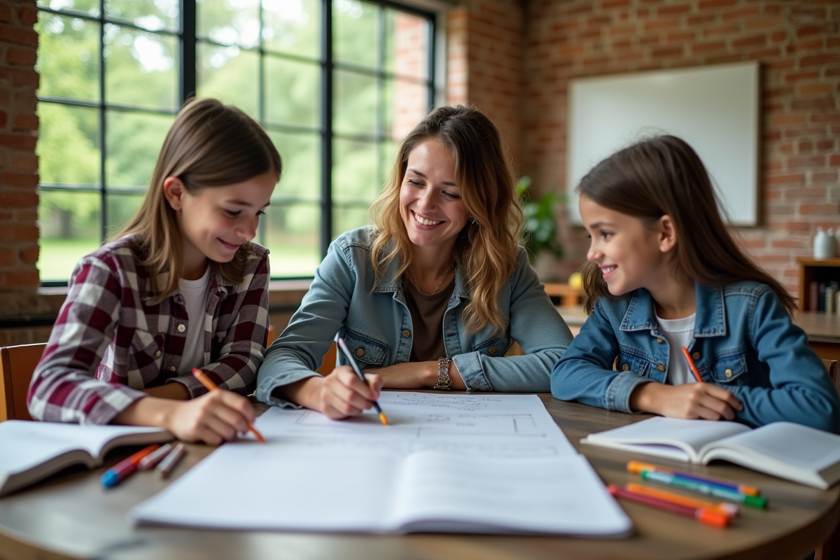 Jeune femme écrivant avec deux adolescents dans un centre communautaire