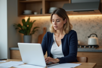 Femme en cardigan bleu travaillant à la maison