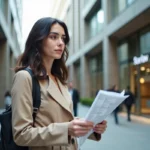Femme avec trench regardant un bâtiment Sorlav