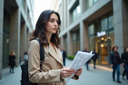 Femme avec trench regardant un bâtiment Sorlav
