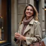 Femme élégante en trench et foulard devant boutique historique