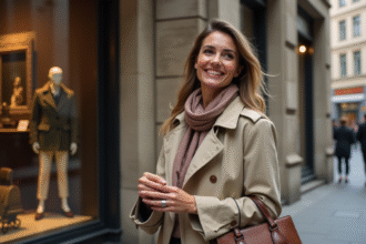 Femme élégante en trench et foulard devant boutique historique