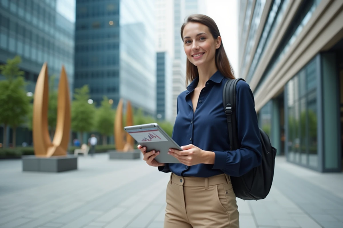 Jeune femme en ville tenant une tablette avec graphique financier
