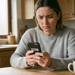 Femme vérifiant un numéro de téléphone suspect commençant par 0270 sur son smartphone dans une cuisine moderne