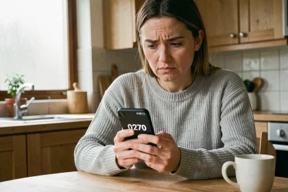 Femme vérifiant un numéro de téléphone suspect commençant par 0270 sur son smartphone dans une cuisine moderne