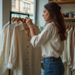 Femme inspectant des vêtements ecolabellés en boutique durable
