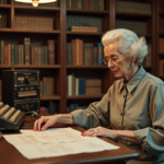 Femme âgée en robe vintage examinant des cartes perforées