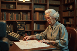 Femme âgée en robe vintage examinant des cartes perforées