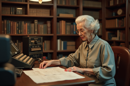 Femme âgée en robe vintage examinant des cartes perforées