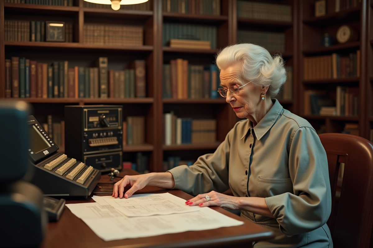 Femme âgée en robe vintage examinant des cartes perforées