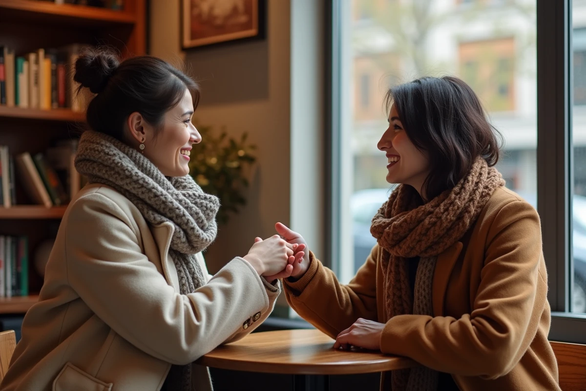 Deux femmes discutant chaleureusement au café en automne