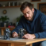 Homme concentré examinant des figurines Warhammer 40k