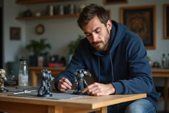 Homme concentré examinant des figurines Warhammer 40k