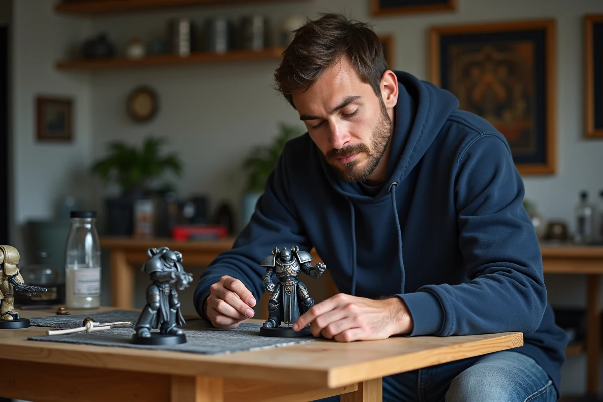 Homme concentré examinant des figurines Warhammer 40k