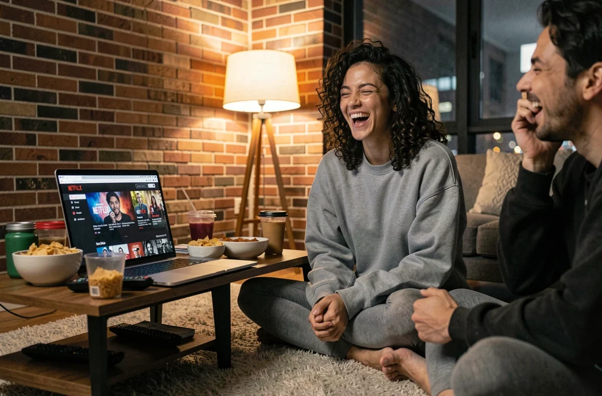 Jeune femme et amie regardant Netflix sur ordinateur portable lors d'une soirée décontractée en appartement