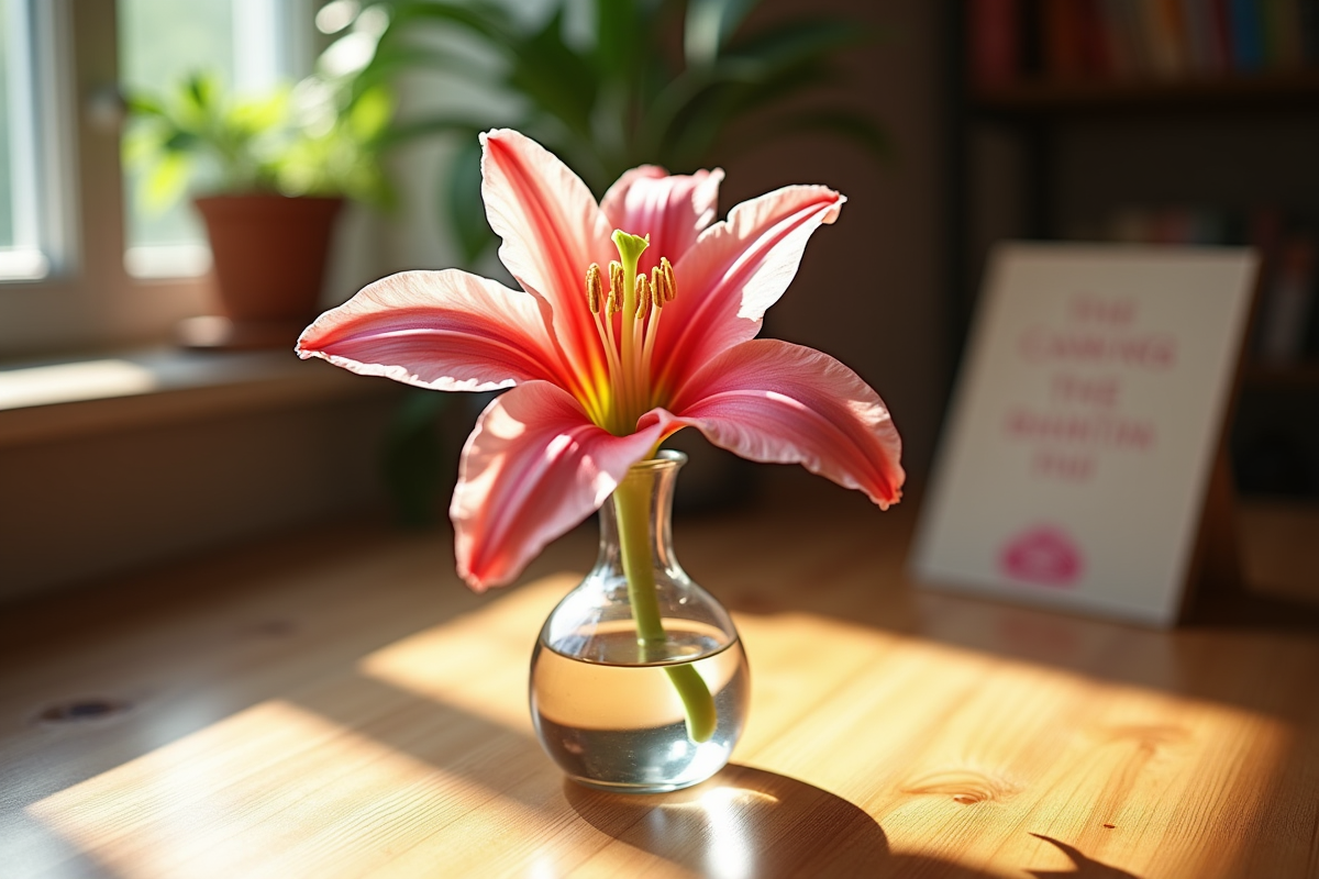 Fleur de nerine dans un vase sur une table en bois en lumière naturelle