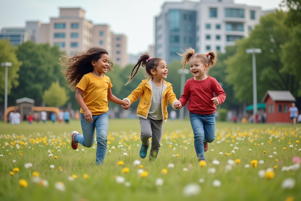 Trois frères et sœurs jouant dans un parc urbain ensoleille