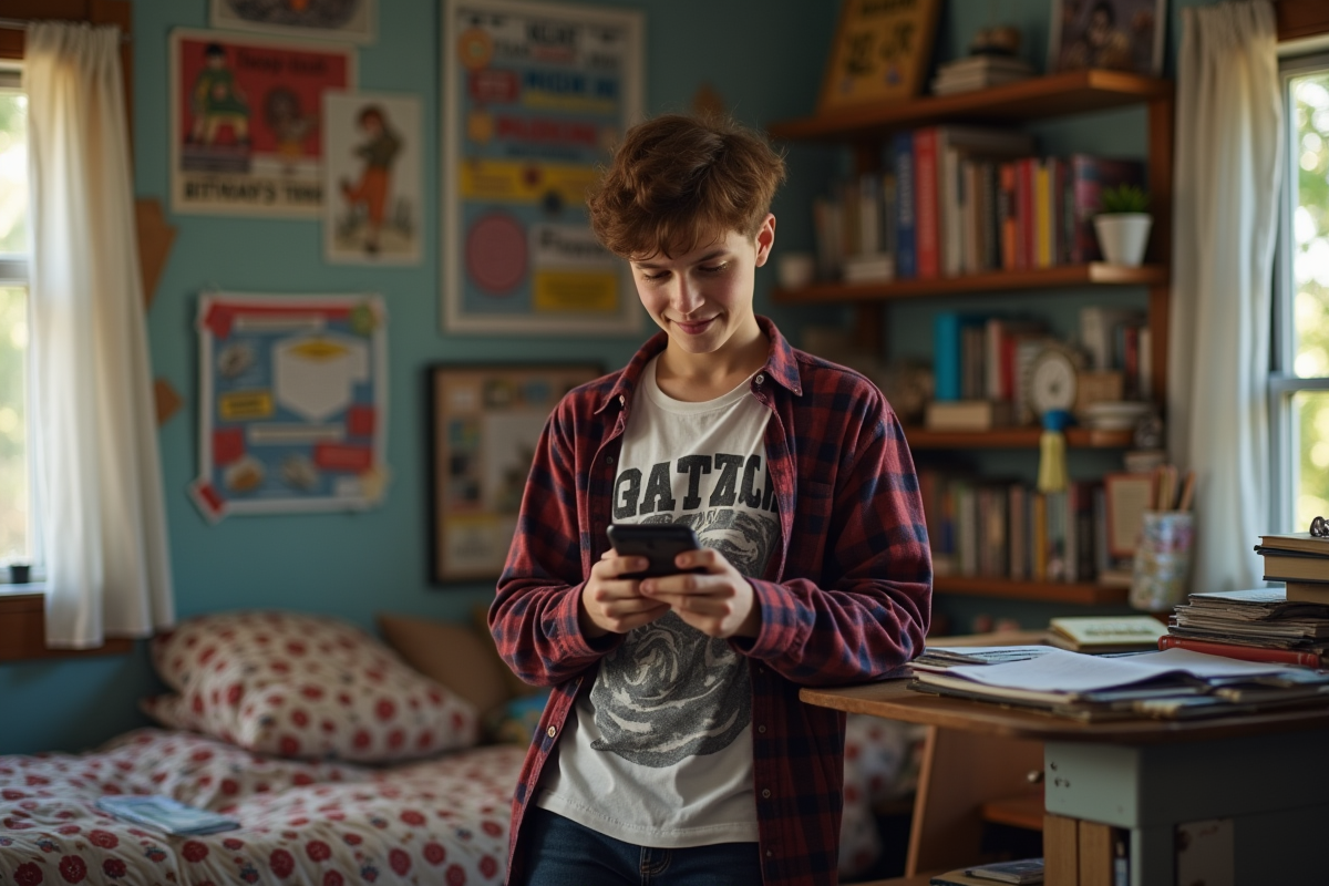 Adolescent dans sa chambre avec posters et livres