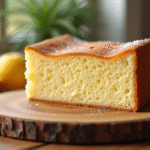 Gâteau éponge sans levure tranché sur table en bois naturel