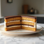Gâteau opera classique en tranches sur table en marbre
