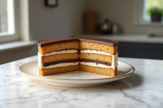 Gâteau opera classique en tranches sur table en marbre