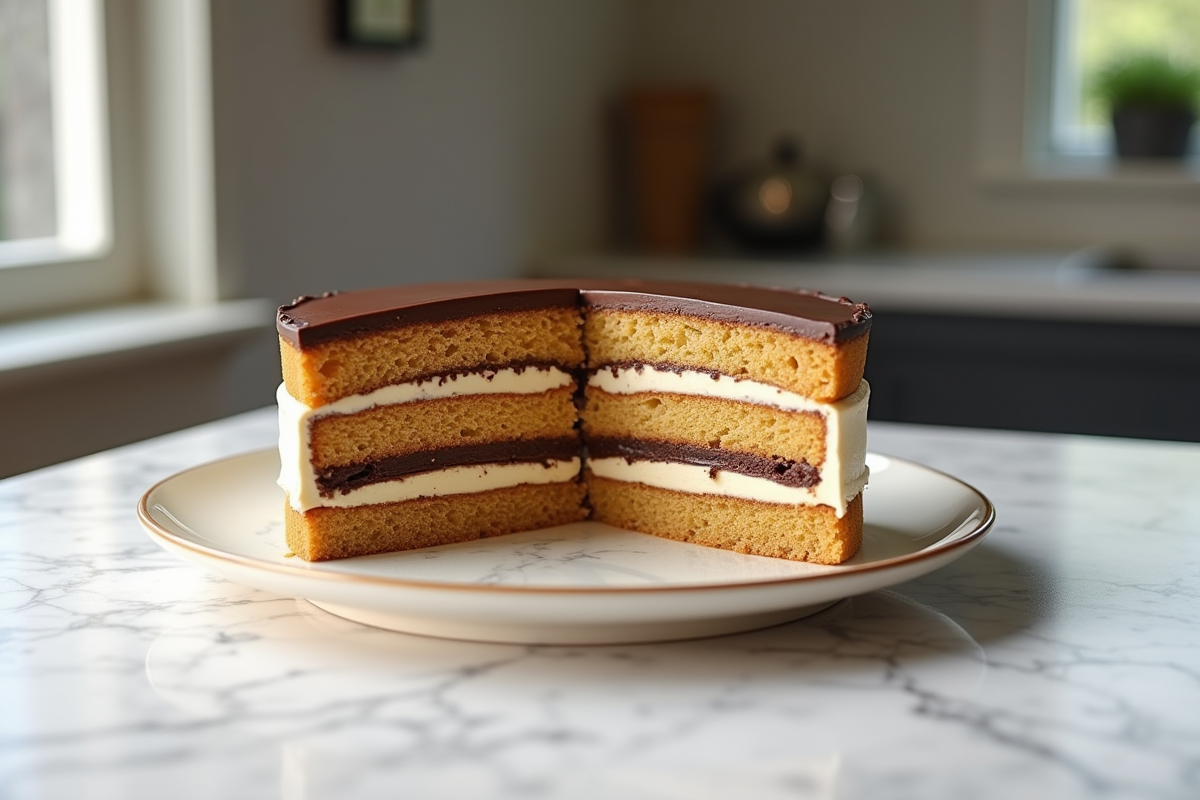 Gâteau opera classique en tranches sur table en marbre
