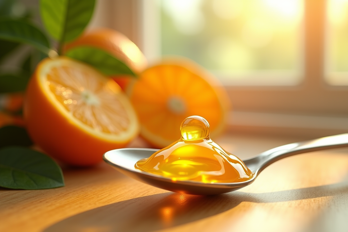 Gélée dorée de vitamine C liposomale versée sur une cuillère en argent