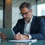 Gestionnaire financier homme en costume bleu regardant des graphiques