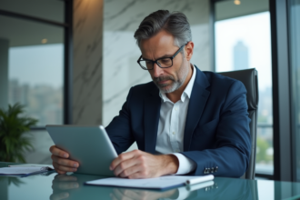 Gestionnaire financier homme en costume bleu regardant des graphiques