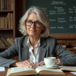 Grammairienne dans son bureau universitaire étudiant des ouvrages de grammaire française avec des notes manuscrites