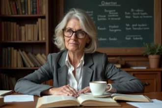 Grammairienne dans son bureau universitaire étudiant des ouvrages de grammaire française avec des notes manuscrites