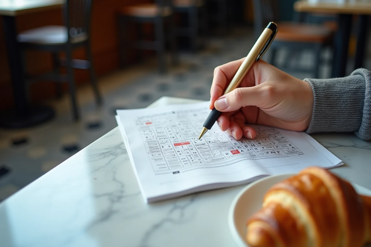 Homme remplissant une grille de mots croisés avec le nom d'une ville belge à Bruxelles