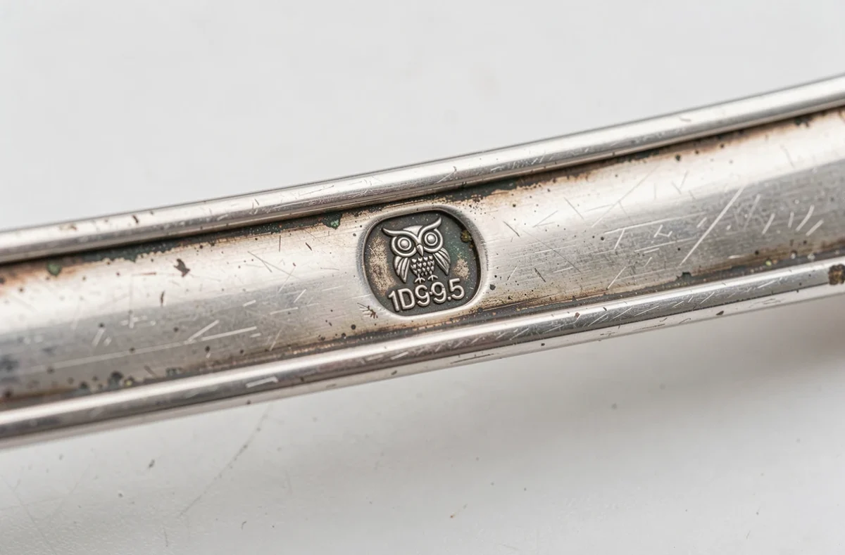 Gros plan sur un poinçon garantie argent gravé sur le manche d'une cuillère ancienne avec détail du symbole officiel