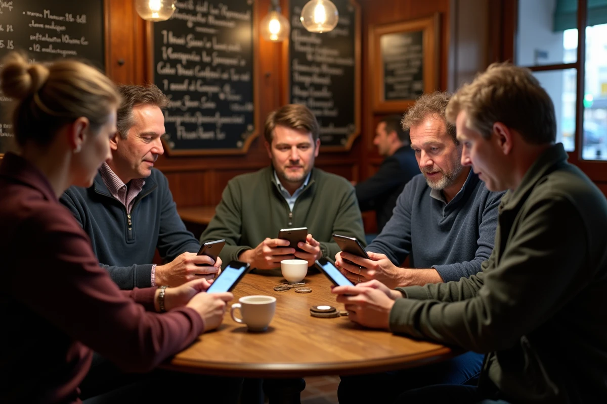 Groupe d'amis jouant une partie privée de belote coinchée en ligne dans un café brasserie français