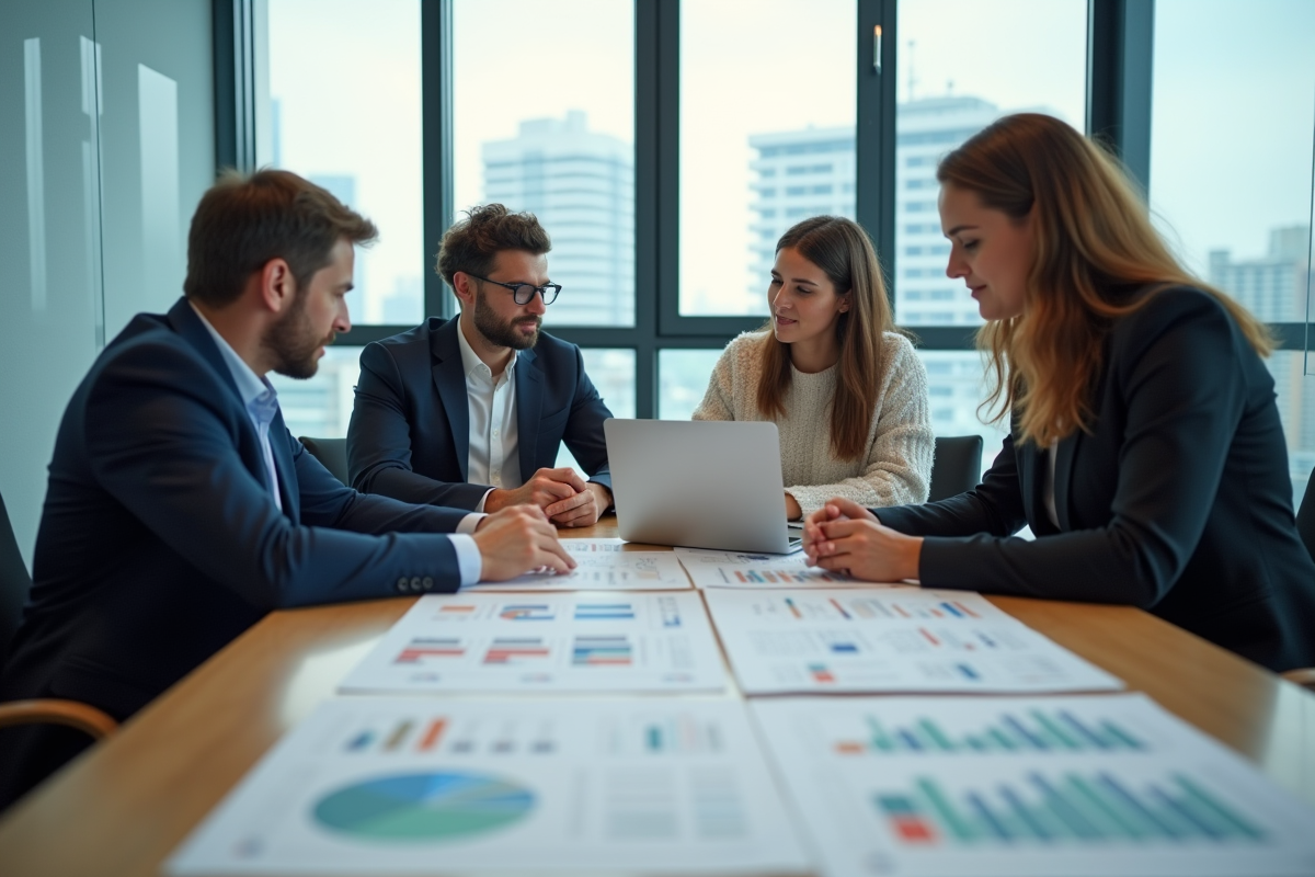 Groupe de quatre personnes discutant de finances