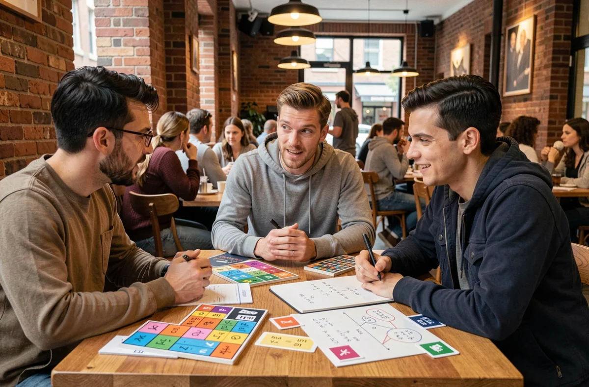 Groupe d'adultes jouant ensemble à des énigmes de logique autour d'une table de café avec des cartes et des notes