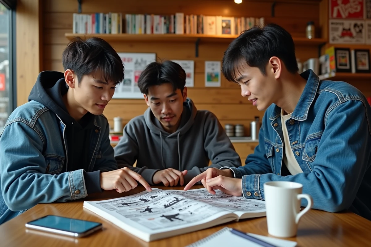 Groupe de fans discutant ensemble des théories et indices cachés du scan One Piece 1155 dans un café manga