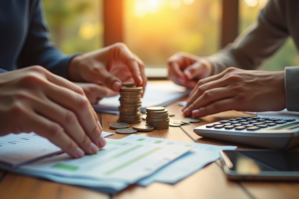 Plusieurs mains manipulant des pièces et billets pour planifier finances
