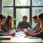 Groupe de jeunes adultes en discussion dans une salle moderne