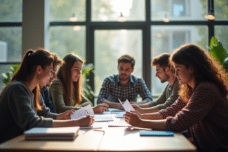 Groupe de jeunes adultes en discussion dans une salle moderne