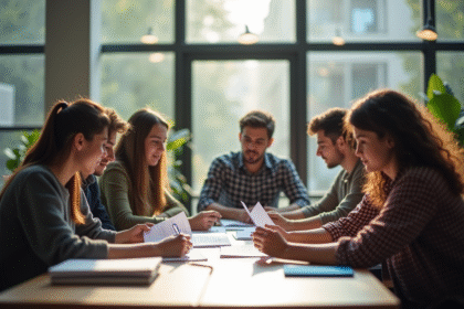 Groupe de jeunes adultes en discussion dans une salle moderne