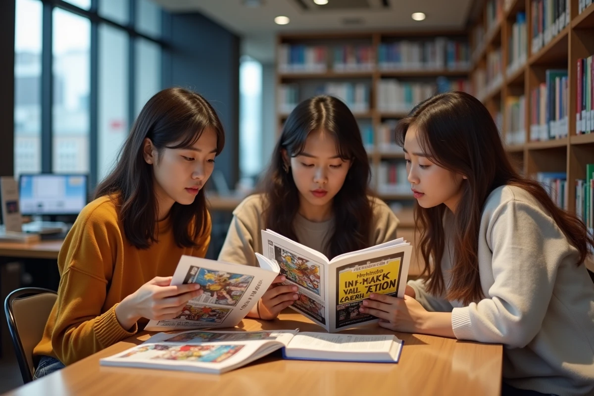 Groupe de jeunes femmes lisant manga dans une bibliothèque moderne