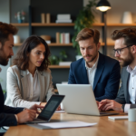 Groupe de quatre adultes utilisant des interfaces AI au bureau