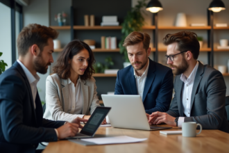 Groupe de quatre adultes utilisant des interfaces AI au bureau