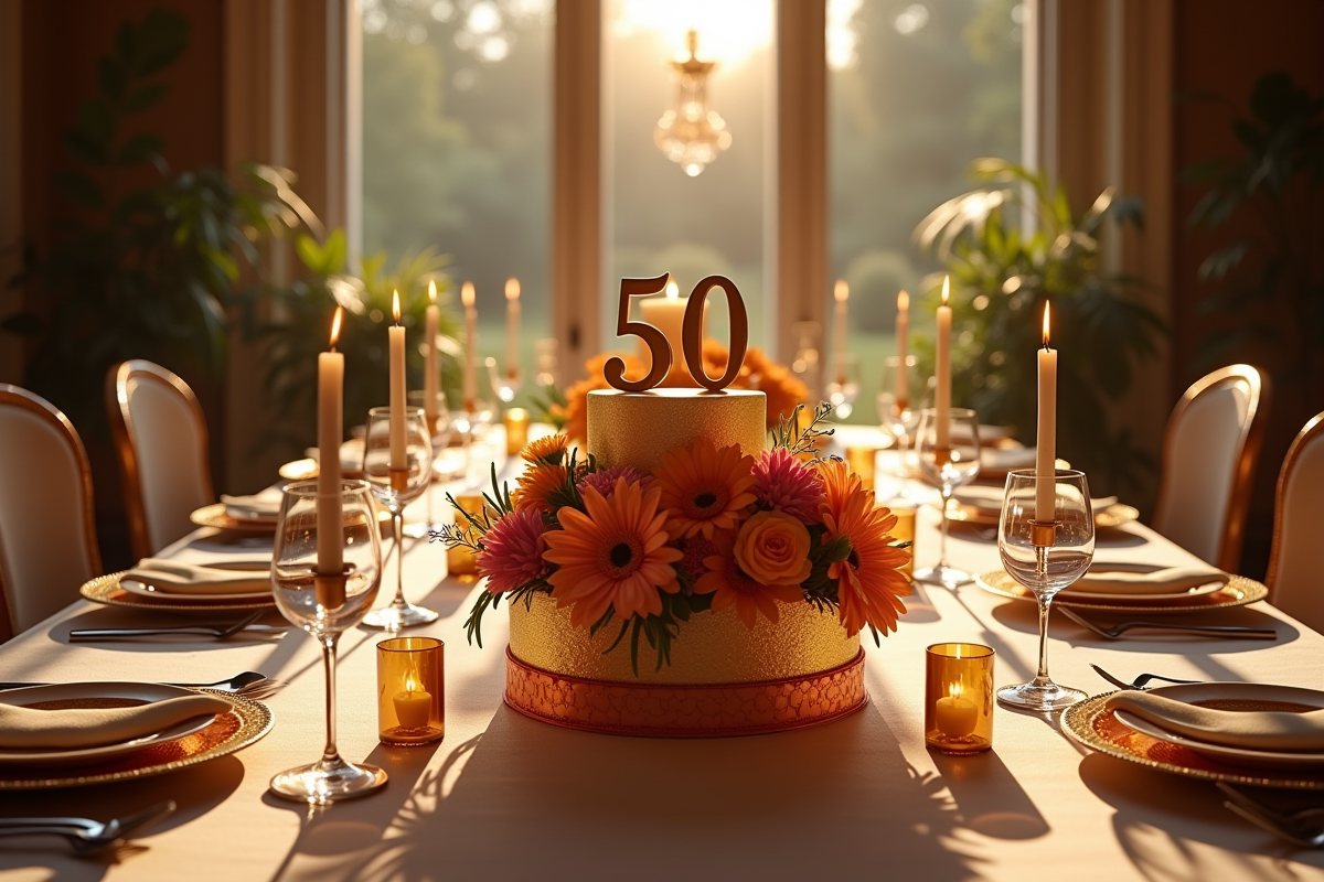 Table élégante avec gâteau d anniversaire et fleurs colorées