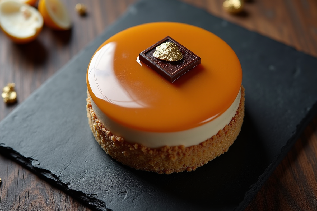 Gâteau opera entier décoré avec chocolat et feuille d or